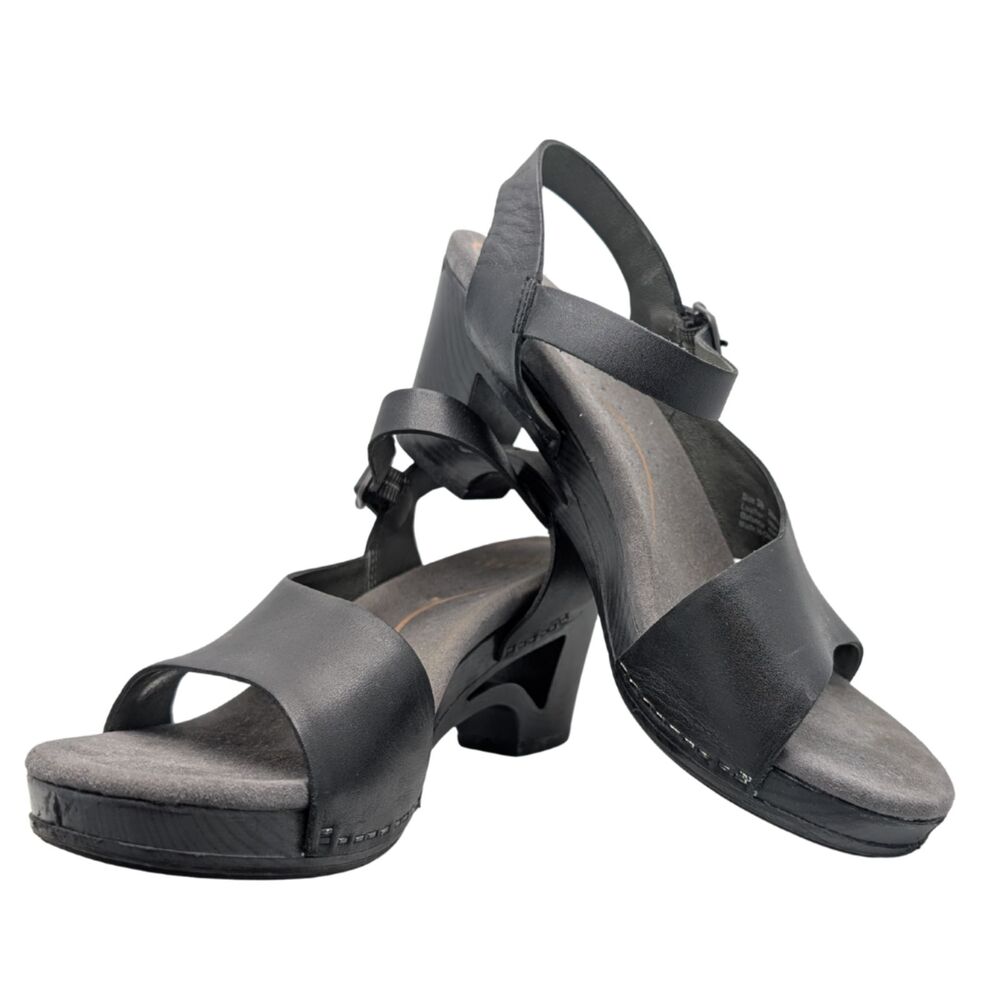 Dansko Black Leather Open-Toe Slingback Heels